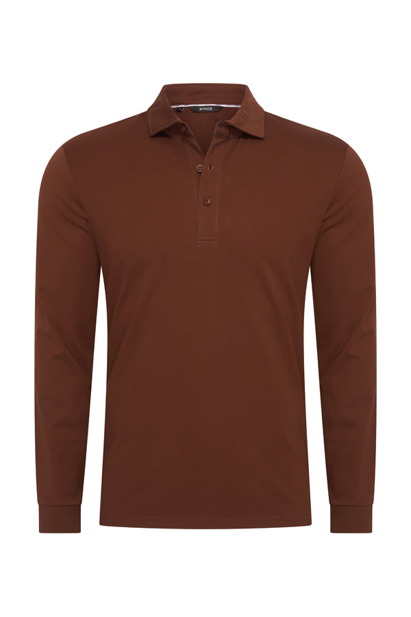 Mi Piace Heren - Lustre Cotton Longsleeve Polo Brown Stone